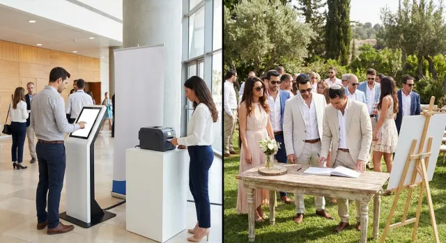 תמונה מפוצלת - עמדת צ'ק-אין עצמי בכניסה לכנס מול חתונה בחוץ עם זוג חותם על ספר אורחים