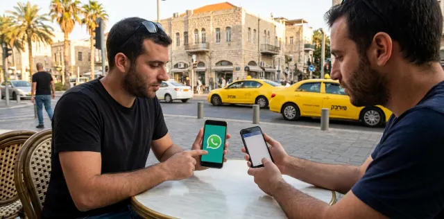 שני גברים בבית קפה ברחוב בישראל, אחד מראה לשני את אפליקציית וואטסאפ בטלפון שלו